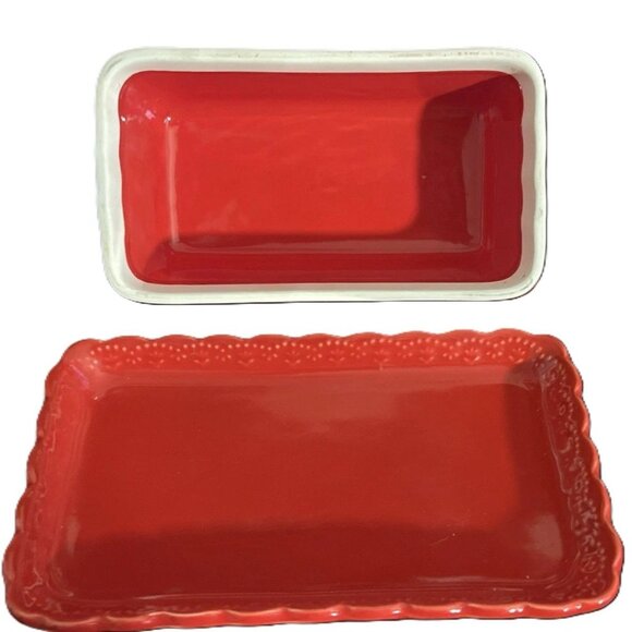 New Pioneer Woman Red Floral Embossed Stoneware Butter Dish With Lid Decor Funct - Picture 3 of 6